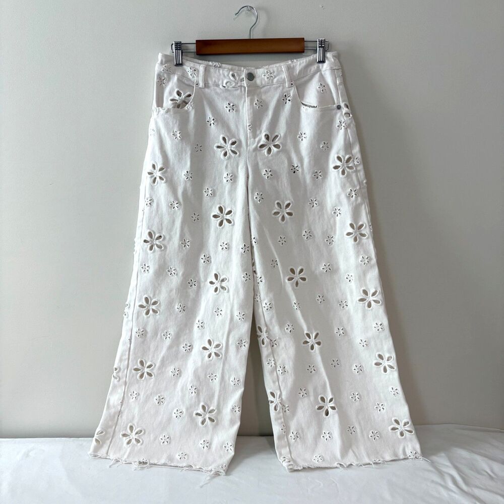 For Love & Lemons Daisy Eyelet Baggy Jeans White Floral Wide Leg Pant Small